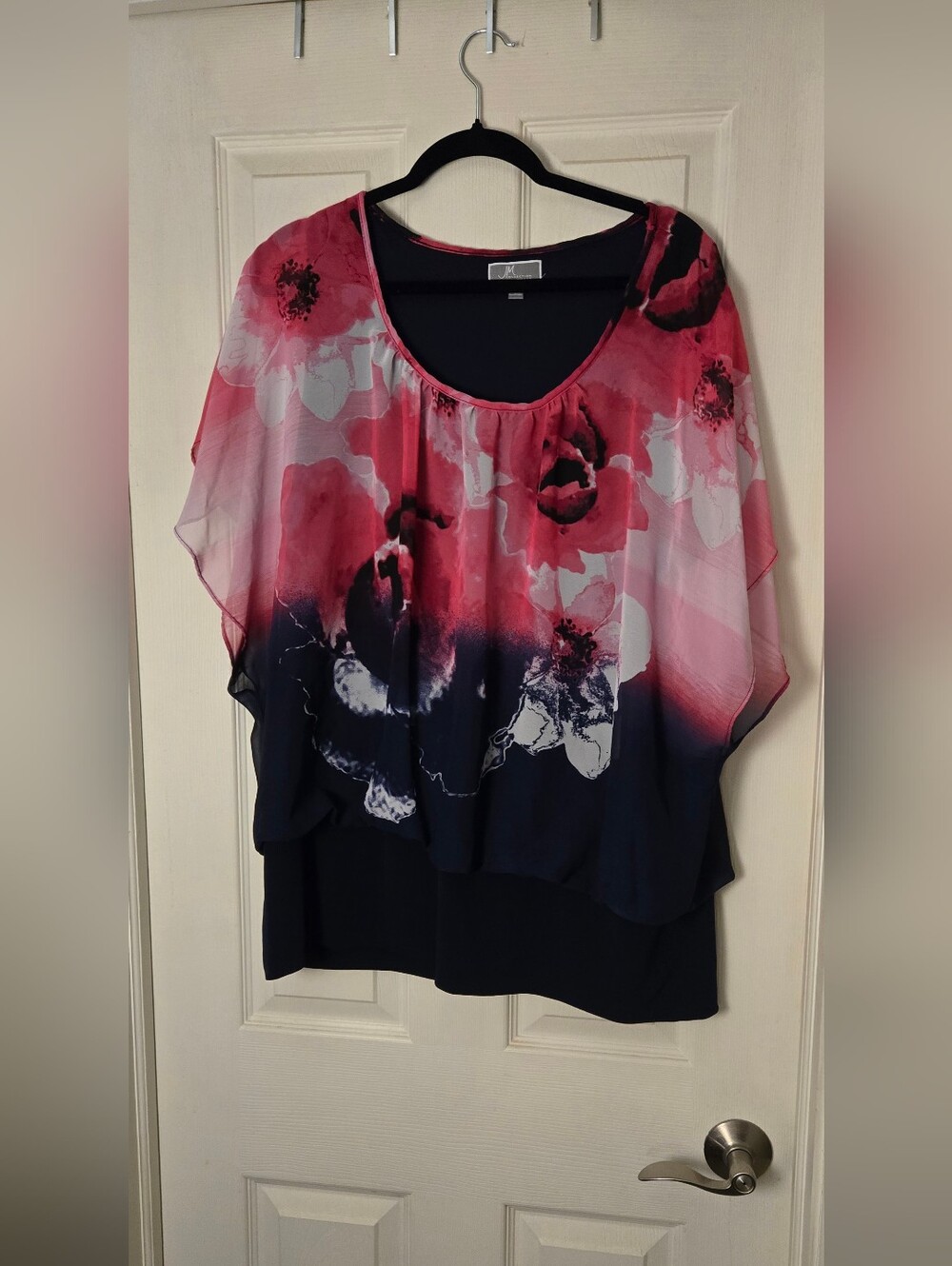 JM Collection Pink Floral Ombre Layered Top with Navy Underlayer